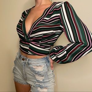 Green Striped Wrap Long Sleeve V Neck Crop Top